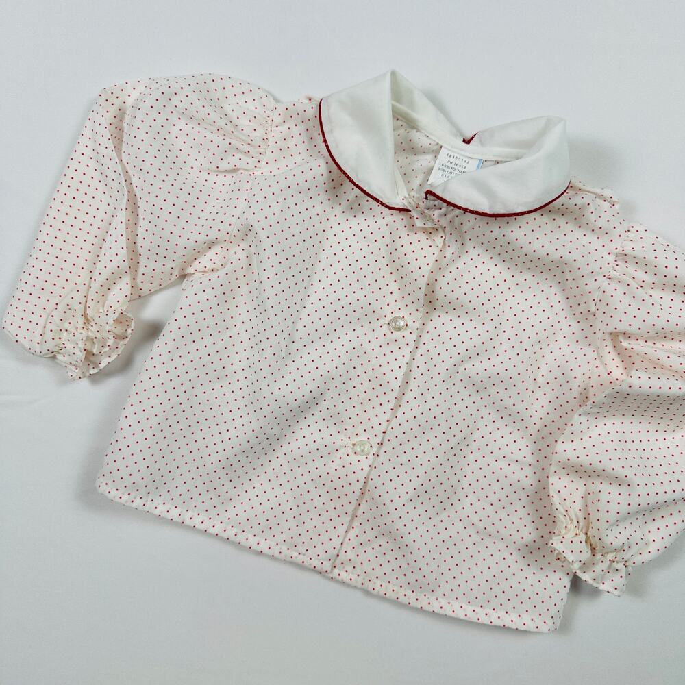 Vintage 1980s Red Polka Dot Peter Pan Collar Long Sleeve Overall Top Sz 18 mo